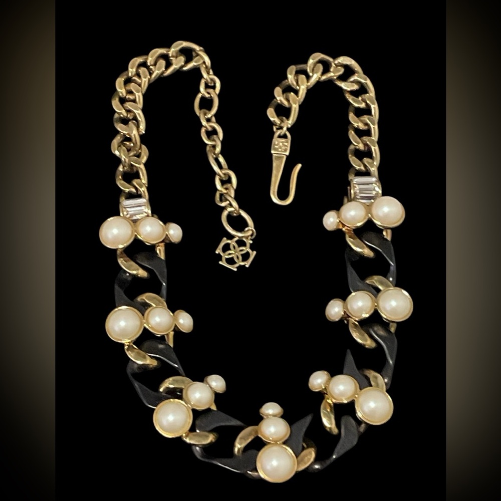 ANN TAYLOR Necklace Gold Plated Faux Pearls Black Gold Chain Chunky
